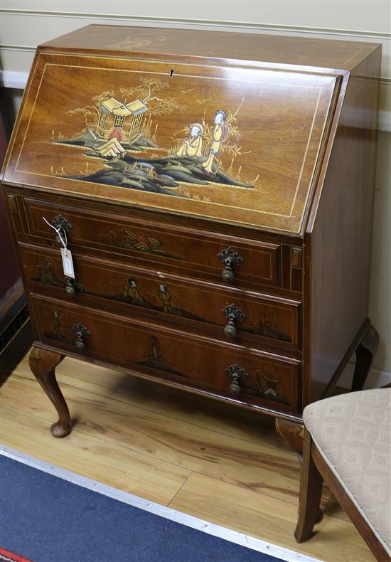 A lacquered walnut bureau W.81cm